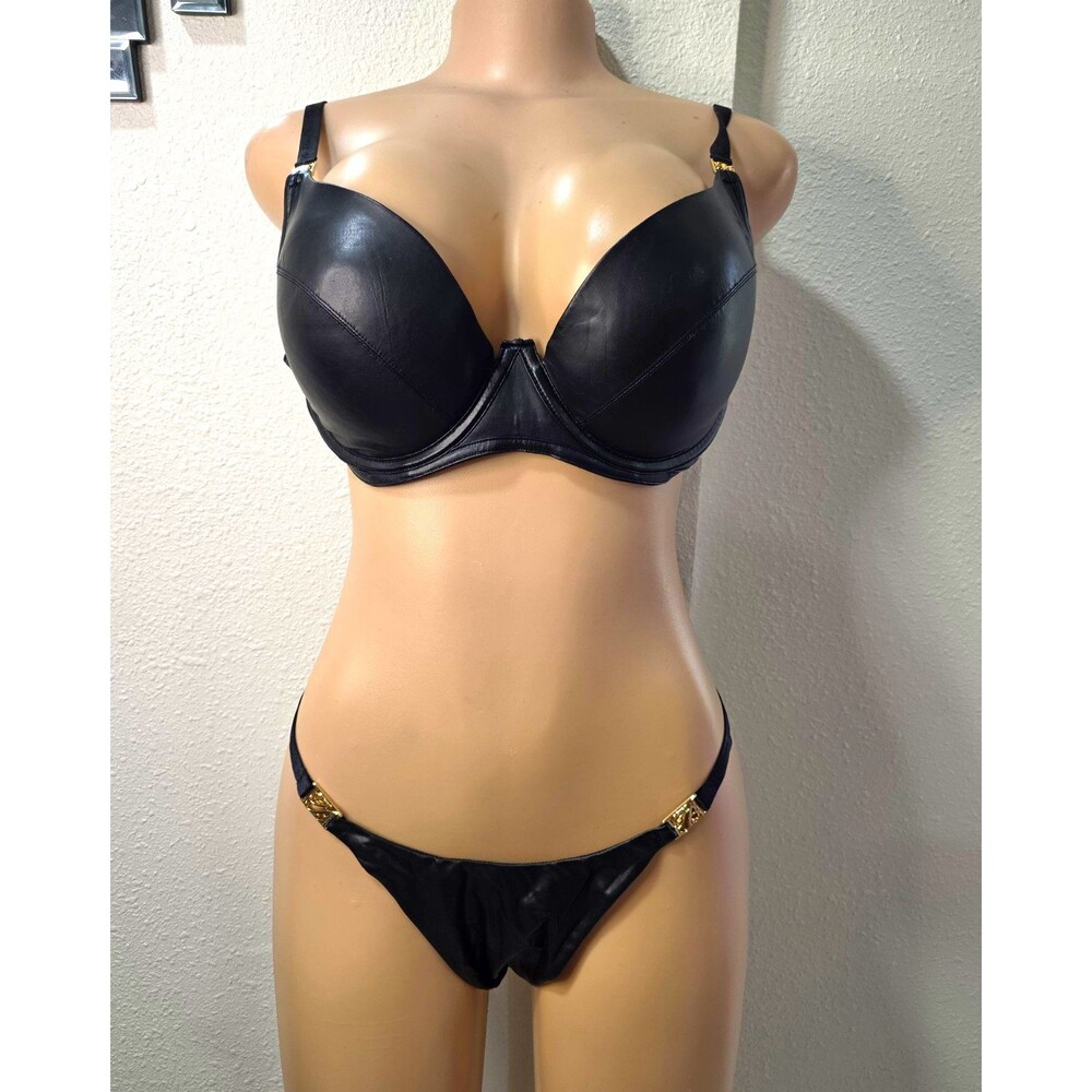 Honey Birdette Black Faux Leather Underwired Push-Up Bra Set 36DD